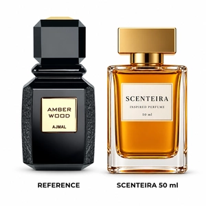 Amber Cedar: Ajmal Amber Wood Eau de Parfum reference beside the Scenteira 50 ml bottle