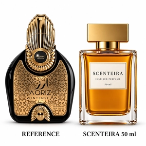 Caramel Dusk: Arabiyat Prestige Aariz Intense Eau de Parfum reference beside the Scenteira 50 ml bottle