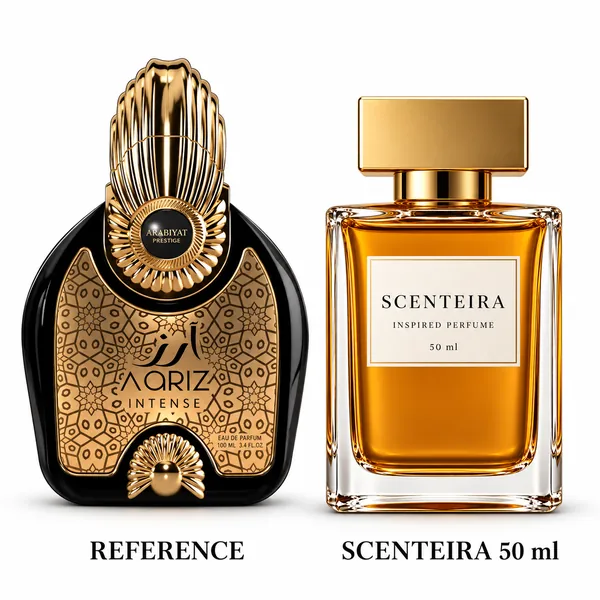 Caramel Dusk: Arabiyat Prestige Aariz Intense Eau de Parfum reference beside the Scenteira 50 ml bottle