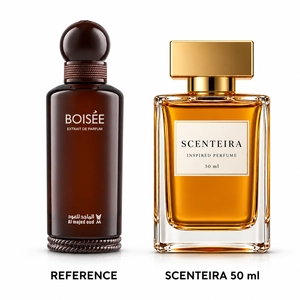 Cedar Silhouette: Al Majed Oud Boisée Extrait de Parfum reference beside the Scenteira 50 ml bottle