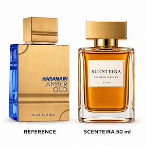 Citrus Graphite: Al Haramain Amber Oud Bleu Edition Eau de Parfum reference beside the Scenteira 50 ml bottle