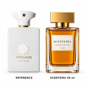 Clear Resolve: Amouage Decision Eau de Parfum reference beside the Scenteira 50 ml bottle