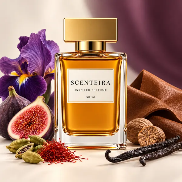 Fig Nocturne: Scenteira bottle centred among scent-note ingredients