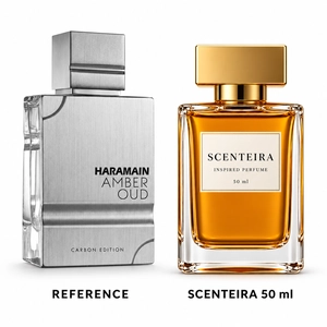 Forest Current: Al Haramain Amber Oud Carbon Edition Eau de Parfum reference beside the Scenteira 50 ml bottle