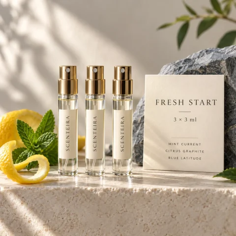 Fresh Start Discovery Trio: illustrative three-vial Scenteira 3 ml discovery format
