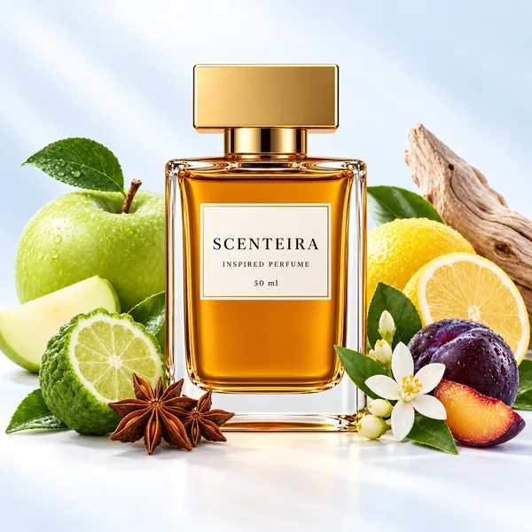 Frosted Orchard: Scenteira bottle centred among scent-note ingredients