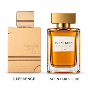 Golden Nectar: Al Haramain Amber Oud Gold Edition Eau de Parfum reference beside the Scenteira 50 ml bottle