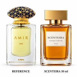 Imperial Dawn: Ajmal Amir One Eau de Parfum reference beside the Scenteira 50 ml bottle