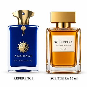 Incense Atlas: Amouage Interlude 53 Extrait de Parfum reference beside the Scenteira 50 ml bottle