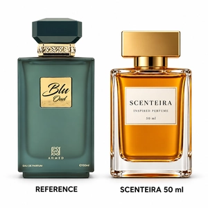 Indigo Ember: Ahmed Al Maghribi Blu Oud Eau de Parfum reference beside the Scenteira 50 ml bottle