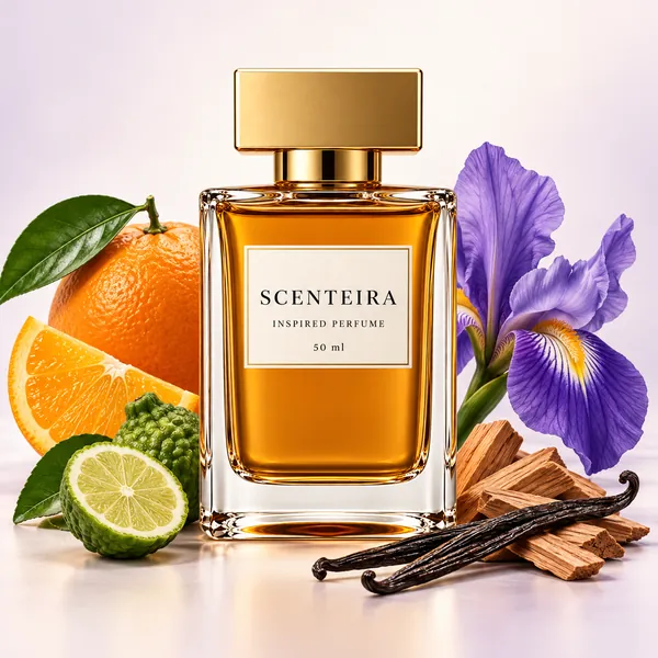 Iris Chapter: Scenteira bottle centred among scent-note ingredients