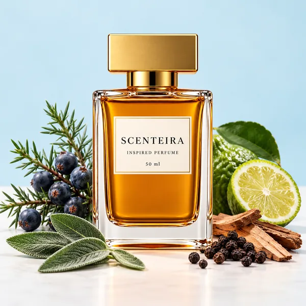 Juniper Coast: Scenteira bottle centred among scent-note ingredients