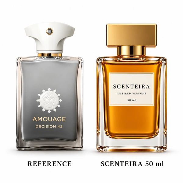 Juniper Resolve: Amouage Decision 42 Extrait de Parfum reference beside the Scenteira 50 ml bottle