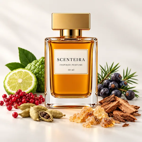 Juniper Resolve: Scenteira bottle centred among scent-note ingredients