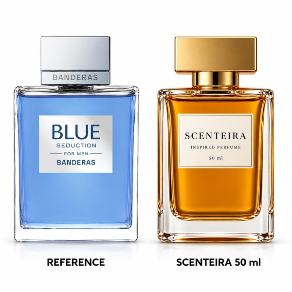Melon Tide: Antonio Banderas Blue Seduction Eau de Toilette reference beside the Scenteira 50 ml bottle