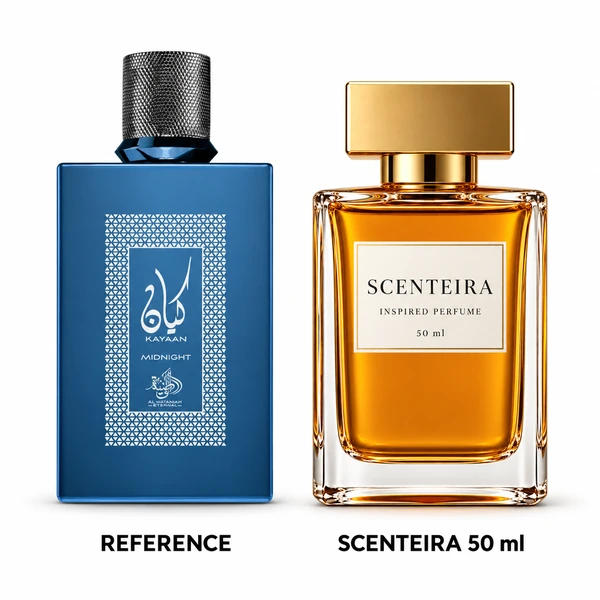 Midnight Citrus: Al Wataniah Kayaan Midnight Eau de Parfum reference beside the Scenteira 50 ml bottle