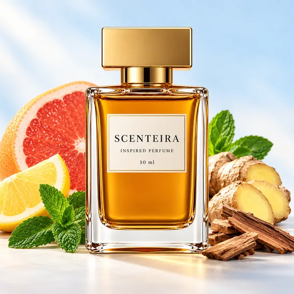 Midnight Citrus: Scenteira bottle centred among scent-note ingredients