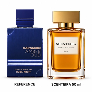 Midnight Resin: Al Haramain Amber Oud Dubai Night Extrait de Parfum reference beside the Scenteira 50 ml bottle