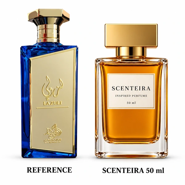 Neroli Veranda: Al Wataniah Lazuli Eau de Parfum reference beside the Scenteira 50 ml bottle