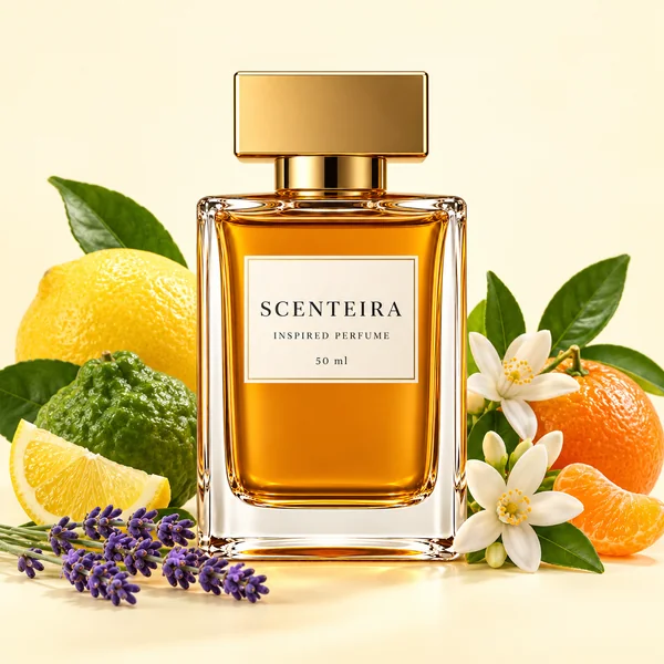 Neroli Veranda: Scenteira bottle centred among scent-note ingredients