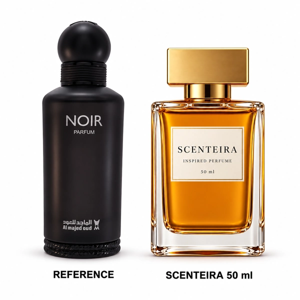 Noir Orchard: Al Majed Oud Noir Parfum reference beside the Scenteira 50 ml bottle