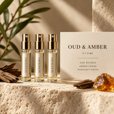 Oud & Amber Discovery Trio: illustrative three-vial Scenteira 3 ml discovery format