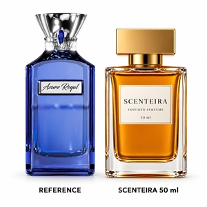 Pear Reverie: Ahmed Al Maghribi Azure Royal Eau de Parfum reference beside the Scenteira 50 ml bottle