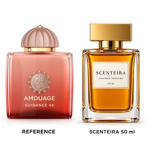 Pear Sonata: Amouage Guidance 46 Extrait de Parfum reference beside the Scenteira 50 ml bottle