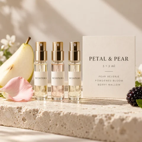 Petal & Pear Discovery Trio: illustrative three-vial Scenteira 3 ml discovery format