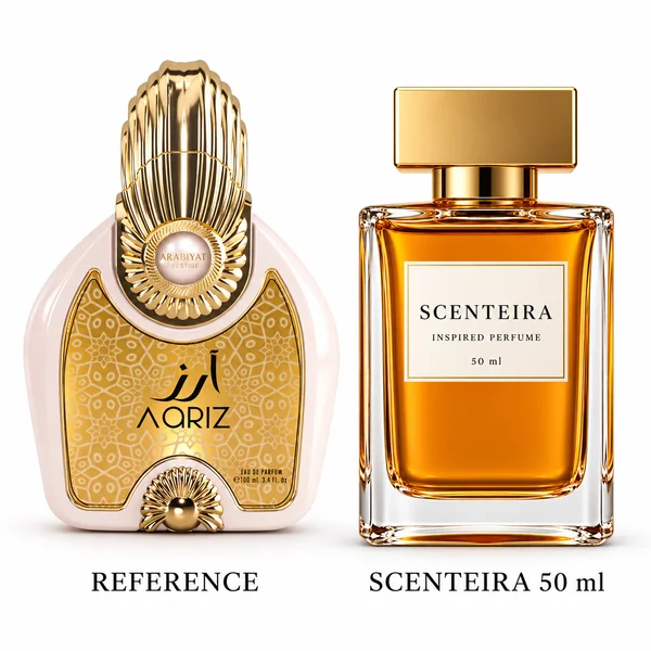Powdered Bloom: Arabiyat Prestige Aariz Eau de Parfum reference beside the Scenteira 50 ml bottle