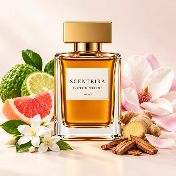 Powdered Bloom: Scenteira bottle centred among scent-note ingredients