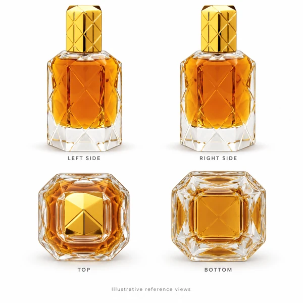 Saffron Court: illustrative original-reference left, right, top and bottom bottle views