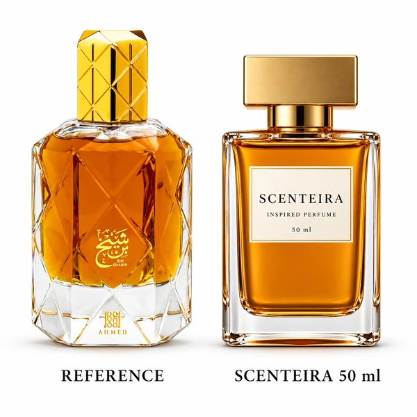 Saffron Court: Ahmed Al Maghribi Bin Shaikh Extrait de Parfum reference beside the Scenteira 50 ml bottle