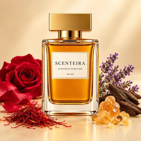 Saffron Court: Scenteira bottle centred among scent-note ingredients