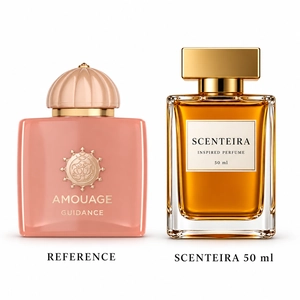 Sandal Petal: Amouage Guidance Eau de Parfum reference beside the Scenteira 50 ml bottle