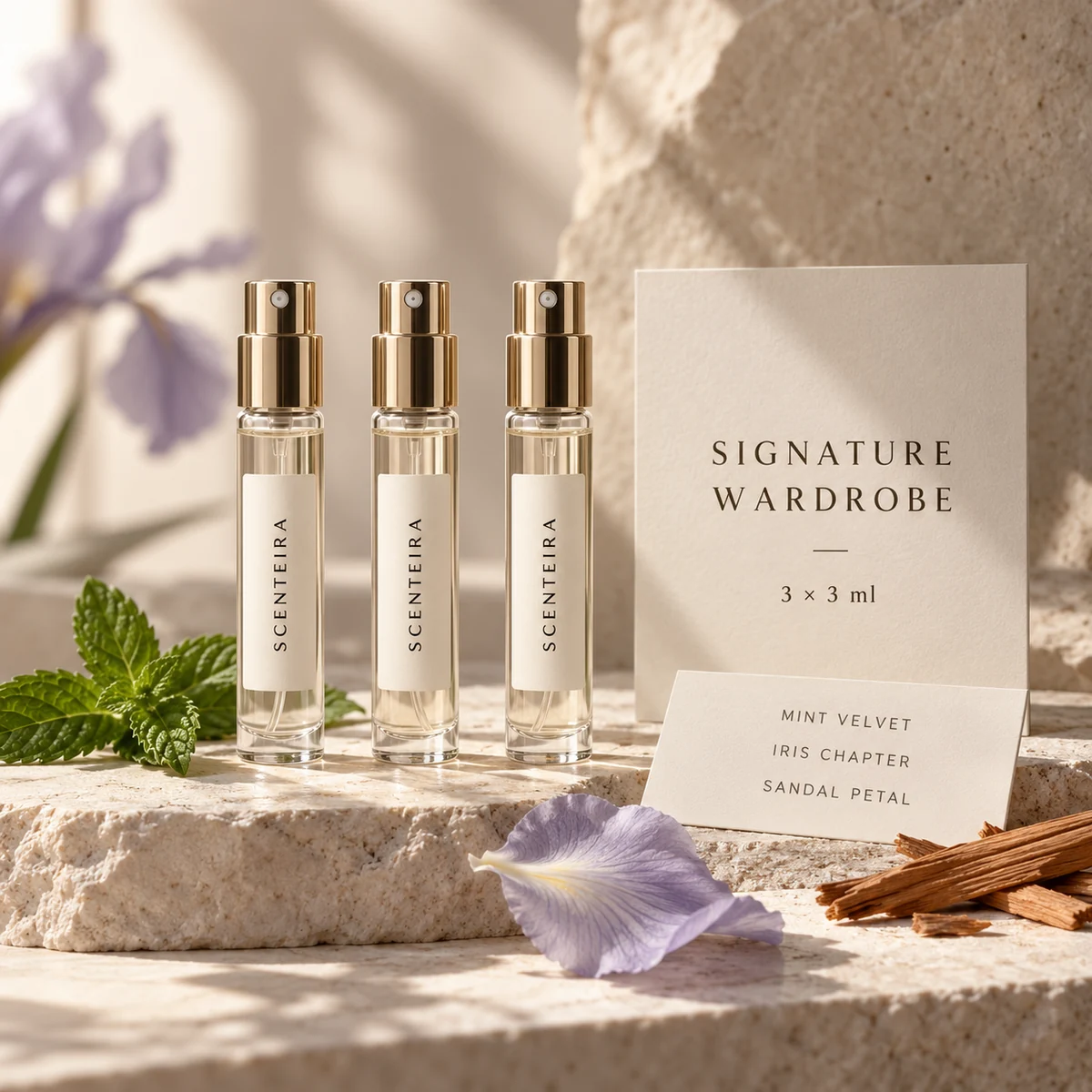 Signature Wardrobe Discovery Trio: illustrative three-vial Scenteira 3 ml discovery format