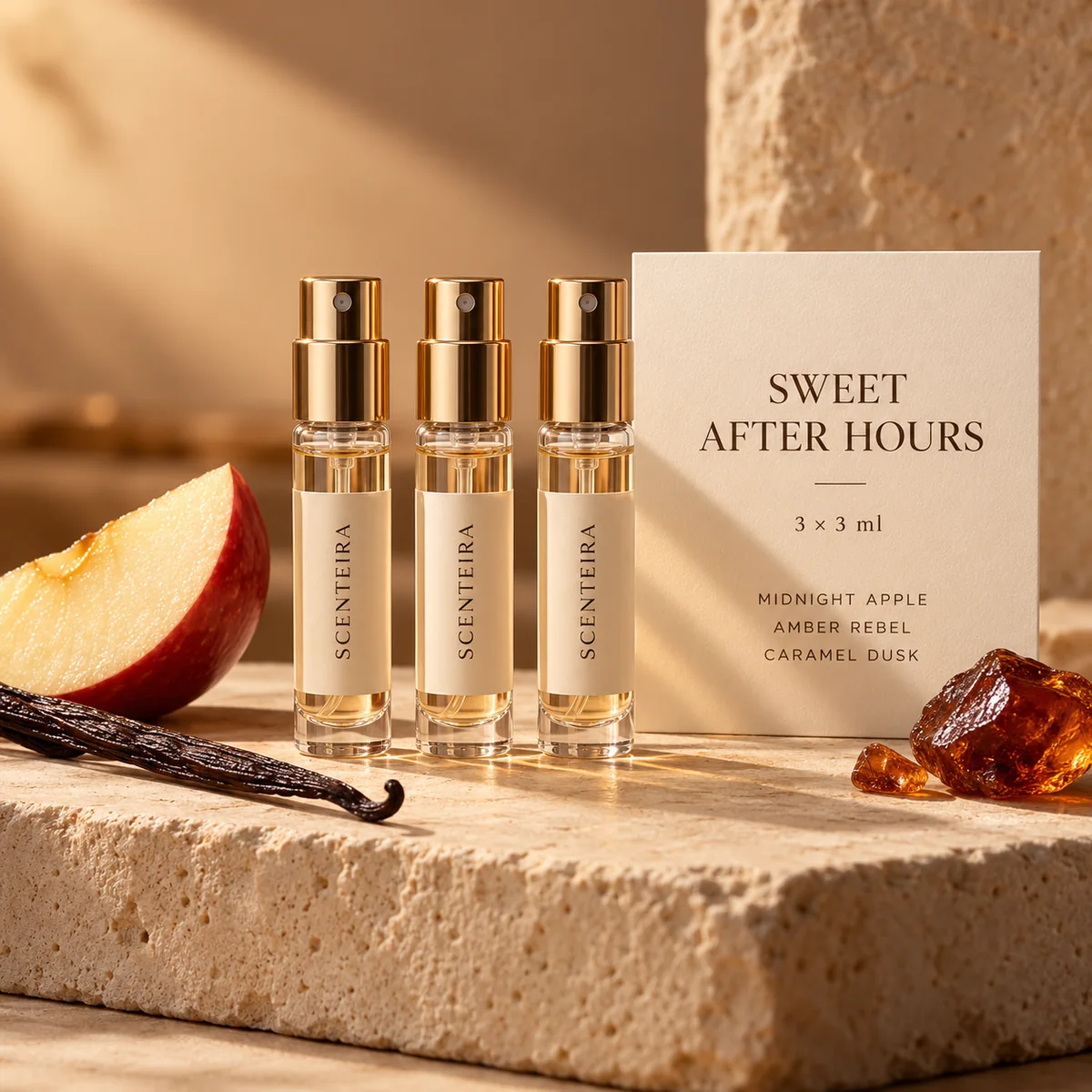 Sweet After Hours Discovery Trio: illustrative three-vial Scenteira 3 ml discovery format